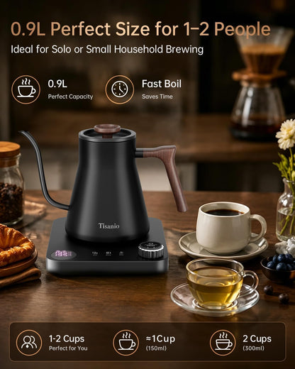 Gooseneck Electric Kettle with Temperature Control, 0.9L, Black | ±1°F Precision Pour Over Kettle, LCD Dual Display, Smart Two-Stage Heating, 2H Keep Warm, 304 Stainless Steel Interior
