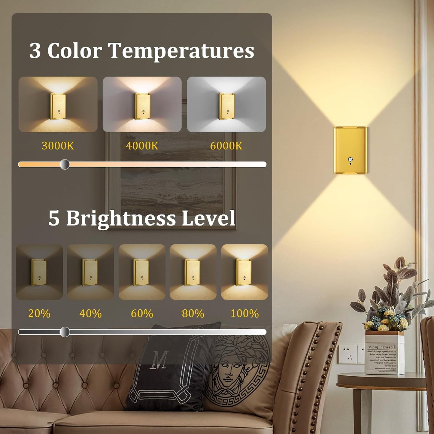 Eneru Motion Sensor Wall Sconce, Rechargeable Wireless Lights Indoor 2 Pack | 5000mAh battery powered, remote 3CCT dimmable, cordless magnetic mount, motion night light for hallway closet bathroom stair