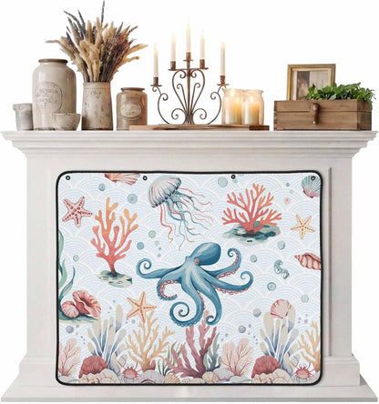 Magnetic Fireplace Cover Turtle Coral Starfish Fireplace Screen Decorative Shell Ocean Marine Life Insulation Fireplace Blocker Save Energy Fireplace Draft Stopper Covers for Living Room 39x32 Inch