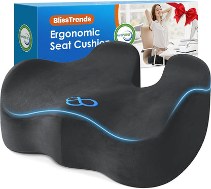 BlissTrends Memory Foam Seat Cushion for Office Chair & Car Seat, Black | 4.7in Ergonomic Tailbone & Sciatica Support with Removable Velvet Cover for Pressure Relief and Long Sitting Comfort