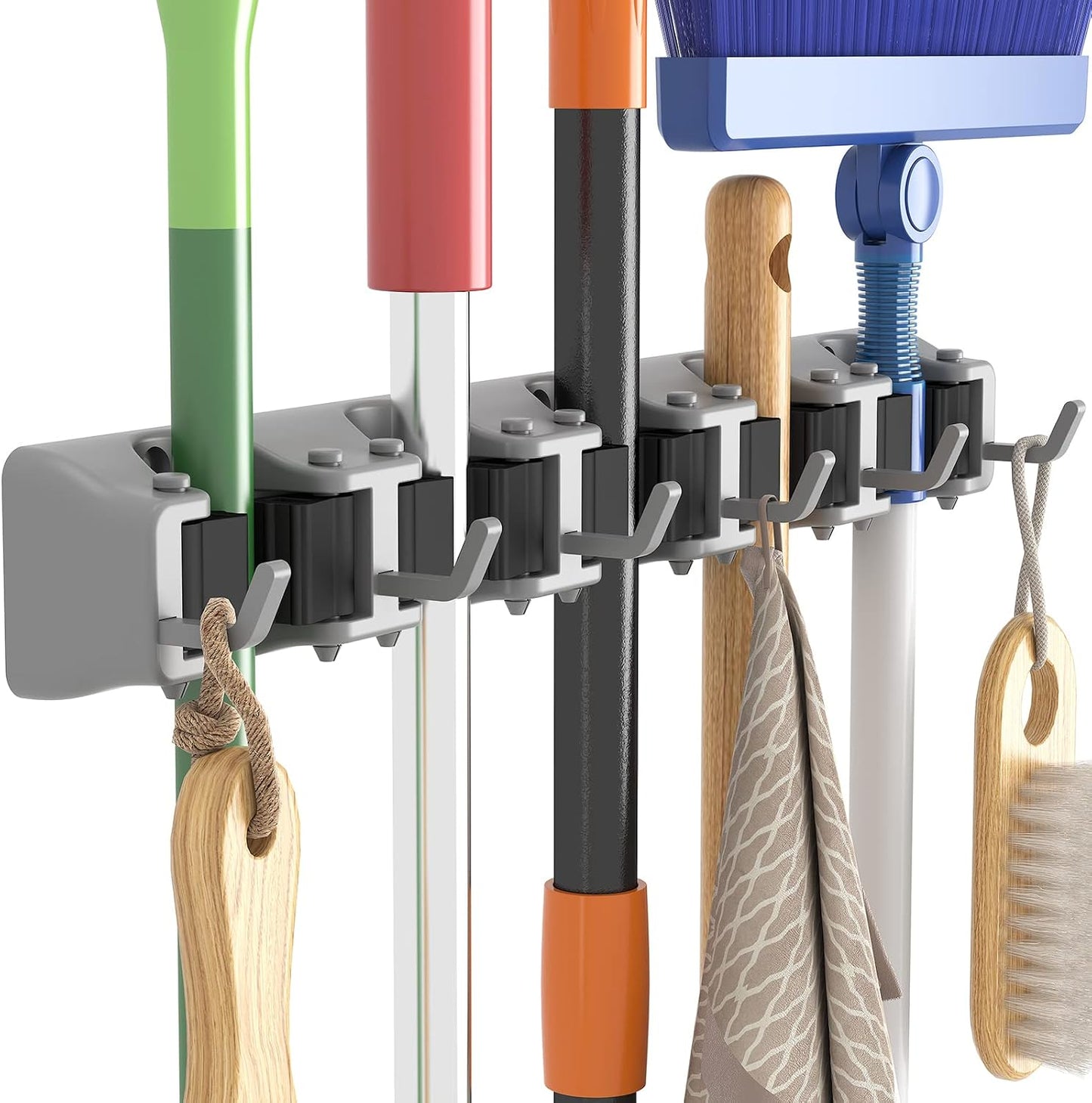 Lifewit Mop and Broom Holder Organzier Wall Hanging Mount, Black, 1 Pack | Anti-Slip Broom Storage for Cleaning Organizer, Easy Install Tool Hanging Rack with 5 slots & 6 hooks for Kitchen, Garage