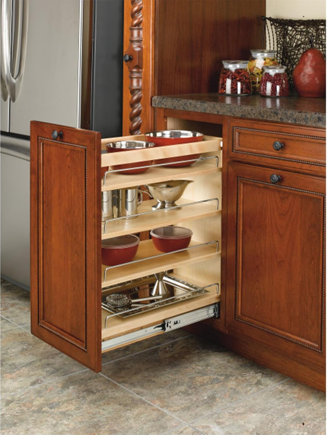 Rev-A-Shelf Pullout Kitchen Cabinet Organizer, Min Cabinet Opening 5.5" W | 5" W Slide Out Pantry Spice or Utensil Storage Rack with Adjustable Shelves for Base Cabinet Organization, 448-BC-5C