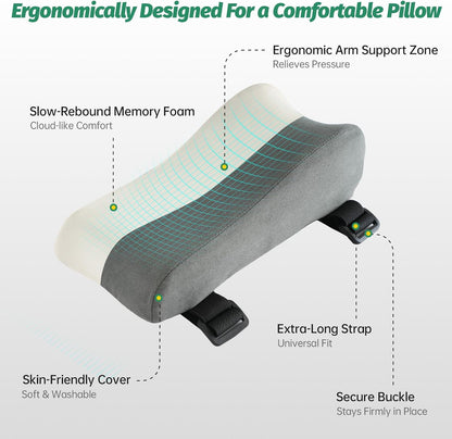 Set of 2 Memory Foam Arm Rest Cushion, Chair Arm Pads Support Pads, Elbow Pressure Relief Cushion for Office Desk & Gaming Chair, Non‑Slip Secure Straps, Removable Washable Cover