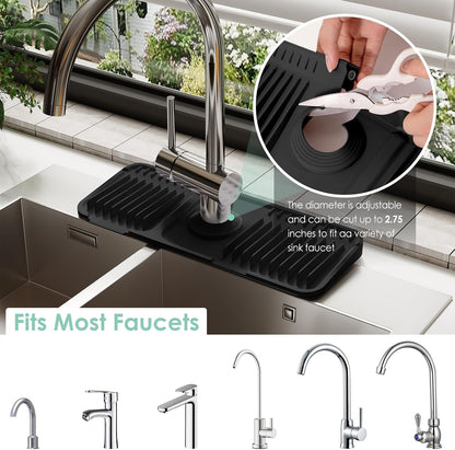 24-Inch Silicone Faucet Mat for Kitchen Sink Splash Guard, 7° Slope | 24"x5.5" water draining mat with fasten button; 1.6-2.75" customizable hole for bathroom, RV & kitchen sink drip catcher.