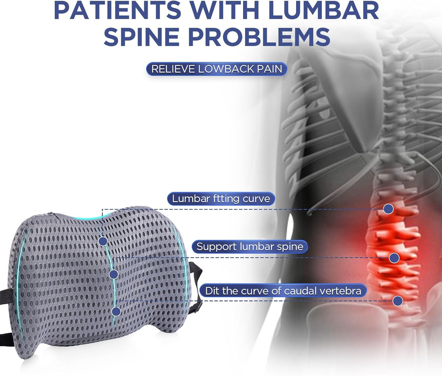 Lumbar Support Pillow for Office Chair, Memory Foam Car Back Cushion | Lumbar Pillow Lower Back with 4d Mesh Cover Adjustable Straps, Ergonomic Chair Back Pillow for Office, Car, Gaming Chairs