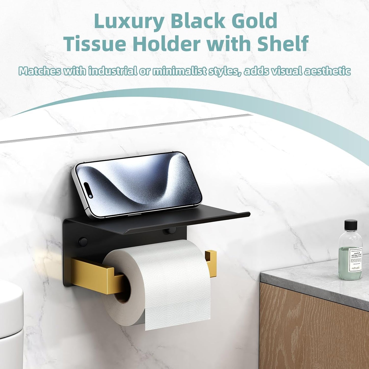 APLusee Matte Black Toilet Paper Holder with Storage Shelf, Wall Mounted | Rustproof 304 Stainless Steel, 2-in-1 Functional Toilet Paper and Phone Storage, Fits Bathroom, Restroom, Vanity, Kitchen