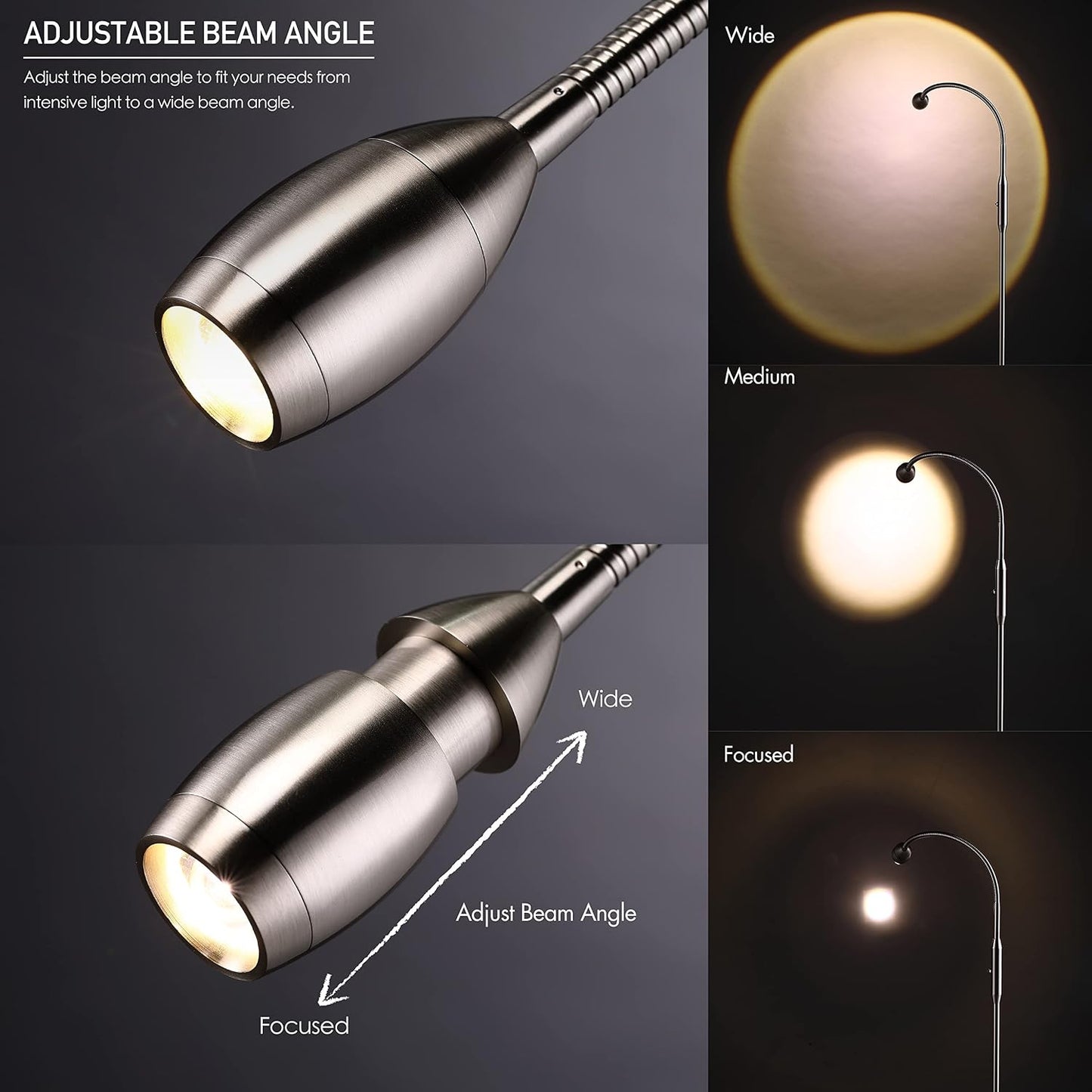 O’Bright Ray – Adjustable LED Beam Floor Lamp, Dimmable and Zoomable Spotlight, Flexible Gooseneck, Reading/Crafting Standing Lamp, Work Table Light, Matte Black