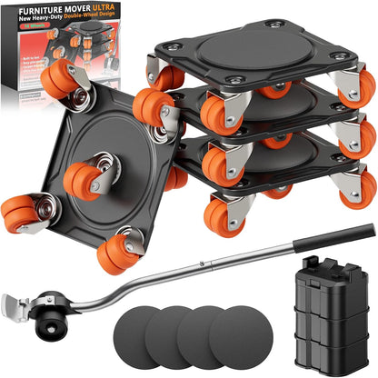 ONEON Heavy Duty Furniture Movers with Wheels Dolly with Auxiliary Lifter, All-New Upgraded Carbon Steel Panels & Dual-Wheeled Casters, Supports up to 1650 lbs (L)