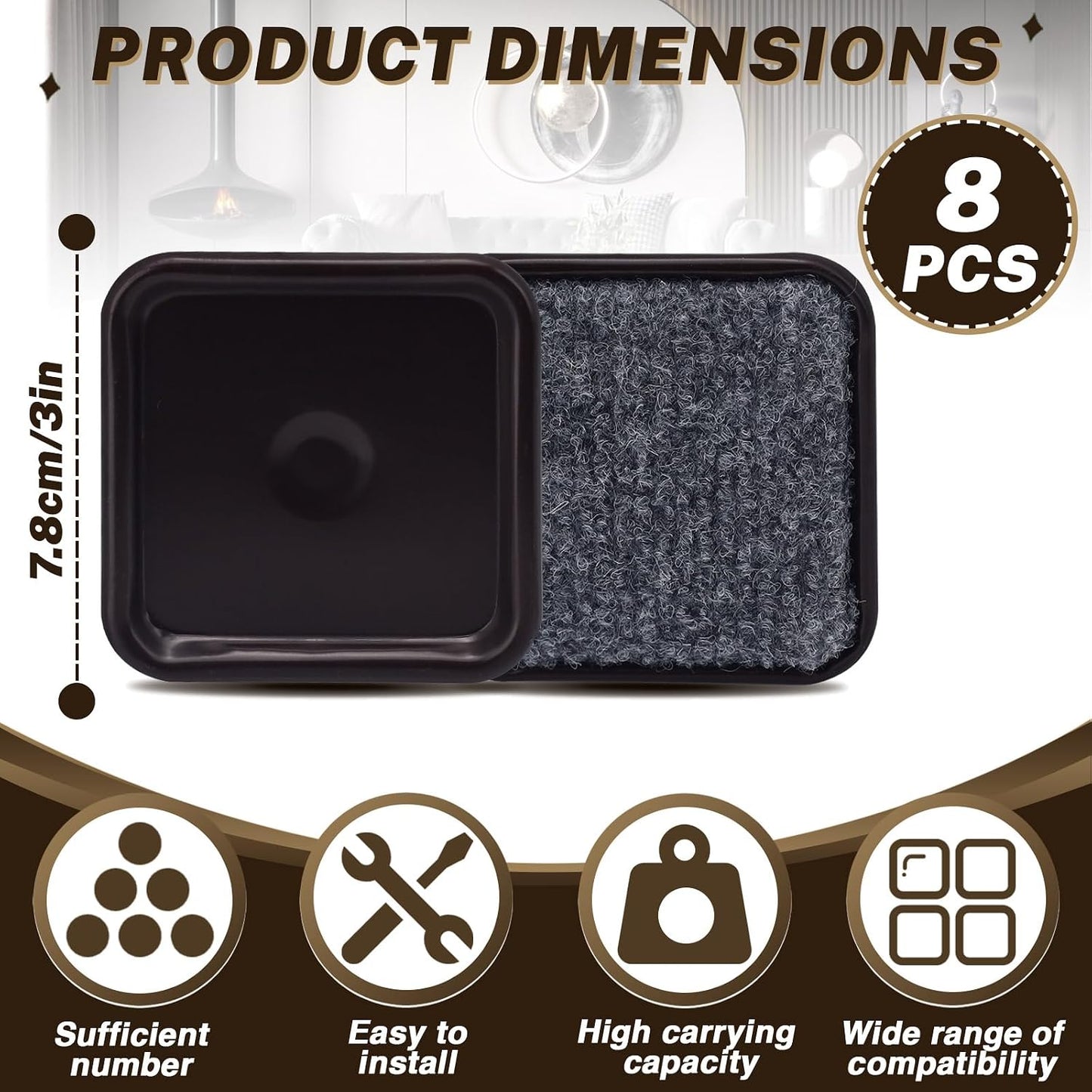 ASTIMESA 8 Pieces 3" Square Furniture Sliders, Heavy Duty Furniture Pads Cups with Carpet Base, Reusable Floor Protectors for Hardwood Vinyl Tile Couch Table Chair Bottom (Brown) (78mm, Square)