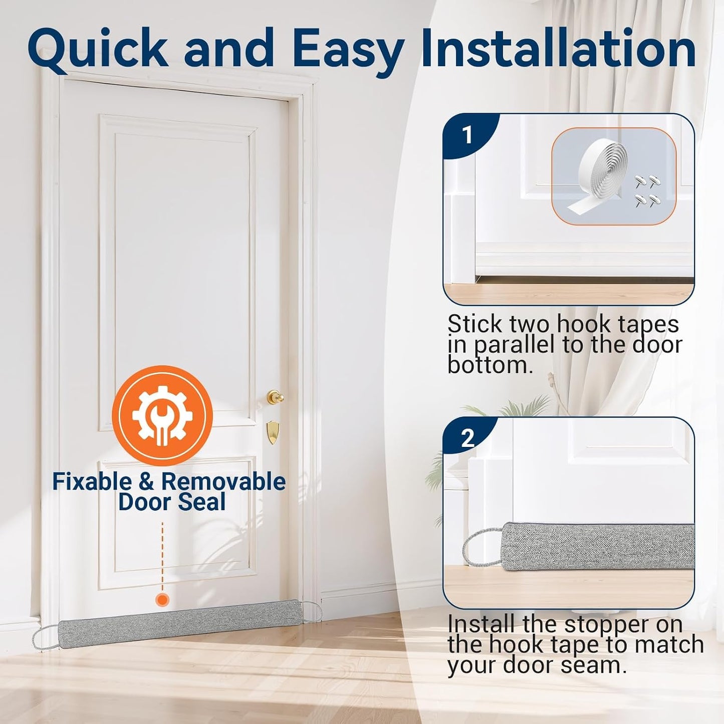 Door Draft Stopper, Heavy Duty Under Door Draft Blocker, Grey | 36’’ Weighted Door Seal, Gap Filler, Door Bottom, For Noise Light Cold Air, with Adhesive Strips, Bedroom Office Kitchen Home