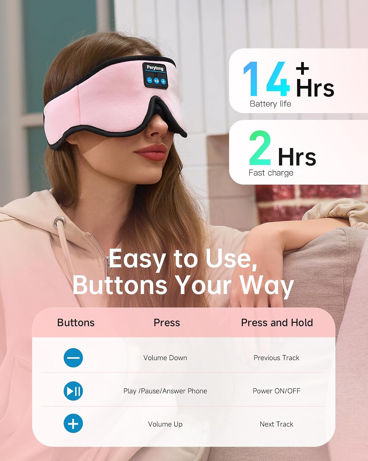 Perytong Sleep Mask with Bluetooth 5.4 Headphones, Wireless Music Sleep Eye Mask for Side Sleepers, 3D Contoured Comfort & Built-in HD Stereo Earphones, Blackout for Travel (Peach Pink)