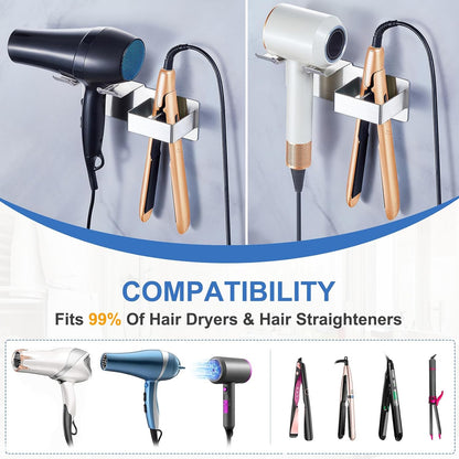 Hair Dryer Holder Wall Mounted, Hair Straightener Holder Metal, Adhesive Blow Dryer and Hair Straightener Holder, Bathroom Bedroom Hair Tool Organizer for Flat Iron,Curling Iron,Hairdryer (White)