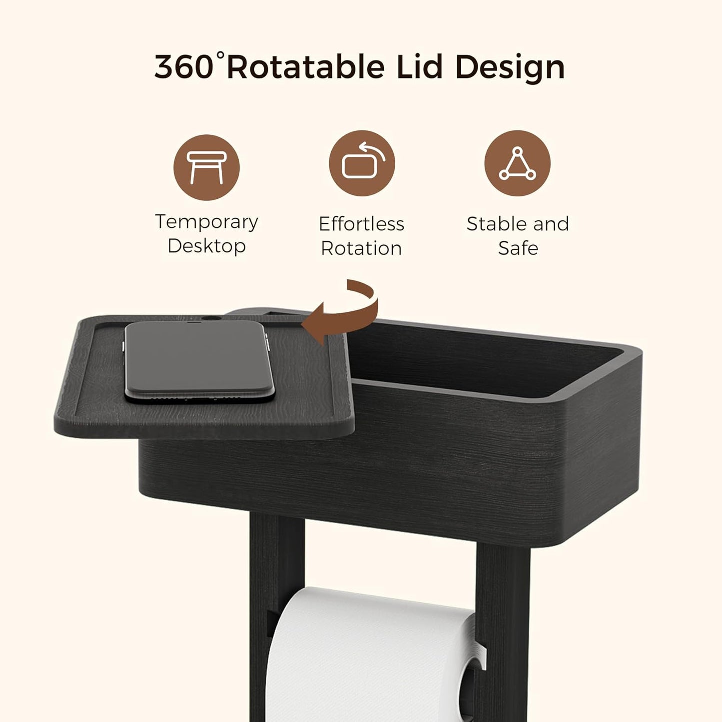 4-in-1 Black Toilet Paper Holder Stand with Storage Shelf Box, 360° Rotating Bamboo Free Standing Toilet Tissue Roll, Toilet Wipes Dispenser Organizer, Temporary Desktop for Bathroom (Patent) | 360° Rotating Bamboo Free Standing Toilet Tissue Roll,