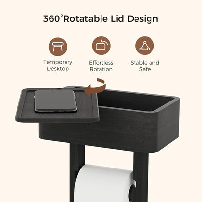 4-in-1 Black Toilet Paper Holder Stand with Storage Shelf Box, 360° Rotating Bamboo Free Standing Toilet Tissue Roll, Toilet Wipes Dispenser Organizer, Temporary Desktop for Bathroom (Patent) | 360° Rotating Bamboo Free Standing Toilet Tissue Roll,
