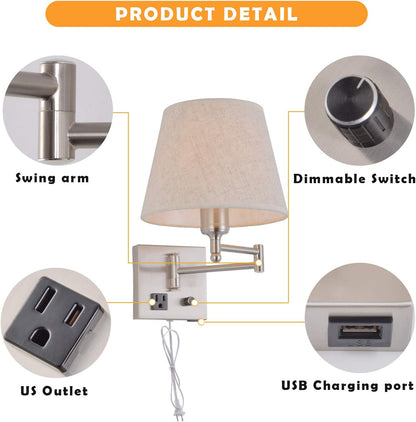 Bedside Wall Mount Light with Dimmable Switch and Outlet, Swing Arm Fabric Shade Wall Sconce Light with USB Port and Plug in Cord, Black Wall Lamp for Bedroom, Living Room and Hotel