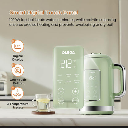 Electric Kettle Temperature Control: OLEGA 1.5L Smart Kettle 1200W | Stainless Steel Hot Water Boiler, 6 Temp Presets, Fast Boiling Electric Tea & Coffee Kettle