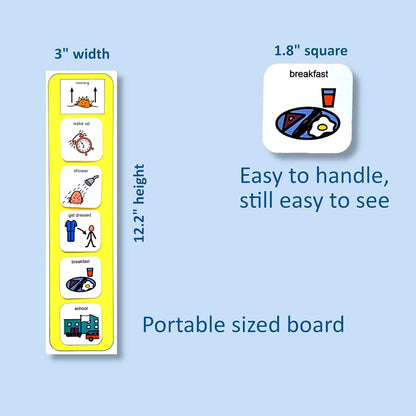 Morning Routine Chart, Visual Schedule for Kids with Autism/ASD (English) | Board 31 x 8 cm, 12 genuine Boardmaker symbols, 5 at once, 4.5 cm each, hook-and-loop, wipe-clean, PECS compatible