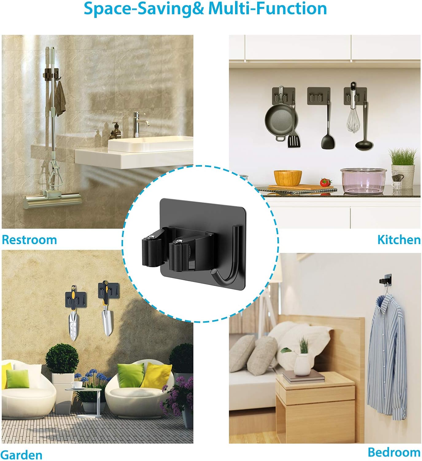 homeasy Broom Holder Wall Mount 4Pcs, Self Adhesive Mop Broom Hanger Black | Self adhesive stainless steel broom organizer with 4 hooks, holds mops, brooms and garden tools without drilling