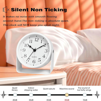 Analog Alarm Clock - 4.5" Silent Non Ticking Small Clock with Light, Rotatable Stand Metal Desk Clock Battery Operated, Simple Design for Living Room Decor/ Bedroom/Bedside/Shelf (Black & White)