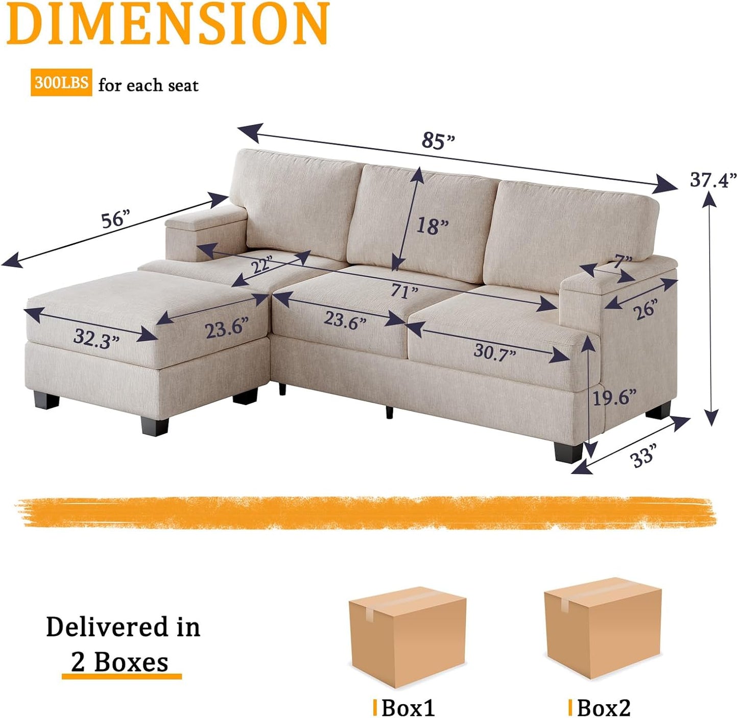 85'' L Shaped Couch with Armrest Organizer,Sectional,Movable Ottoman,Khaki | Comfy Sectional Sofa with Thick Cushion,3 Seats Sofas,Sectional Couches for Living Room,Bedroom,Apartment,Chenille