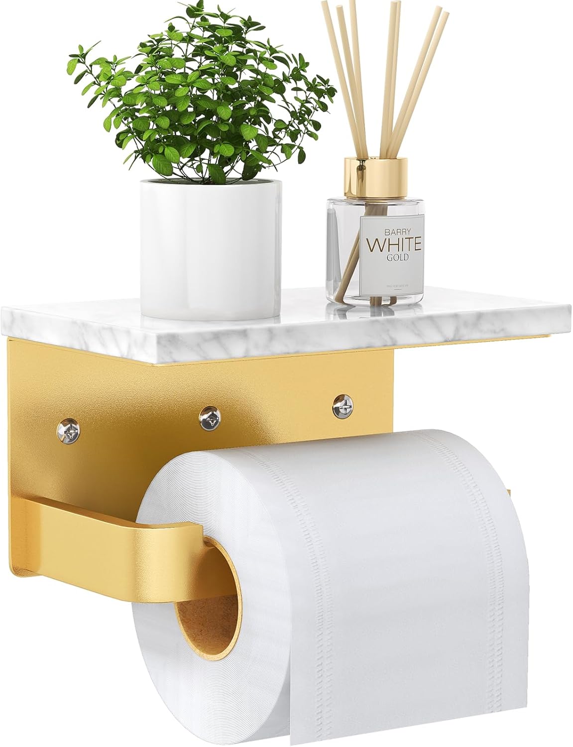 Gypie Toilet Paper Holder with Marble Shelf, Wall Mounted Matte Black | Toilet Roll Holder Black for Bathroom Washroom, Extended Base