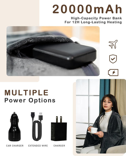 Cordless Heated Blanket Battery Powered; USB Wearable Portable Heated Throw Blanket with Hood, 20000 mAh Battery, 9 Heating Zone, 3-Level; Portable Heated Shawl Cordless; Camping