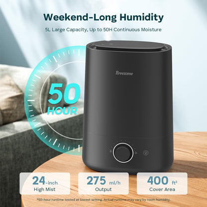 BREEZOME 5L Humidifier for Bedroom 360° Nozzle 50H Runtime Quiet Operation | Ultrasonic Cool Mist, Essential Oil Diffuser,Top-Fill Design,Auto Shut-Off,Coverage for Baby Nursery, Plants& Large Room