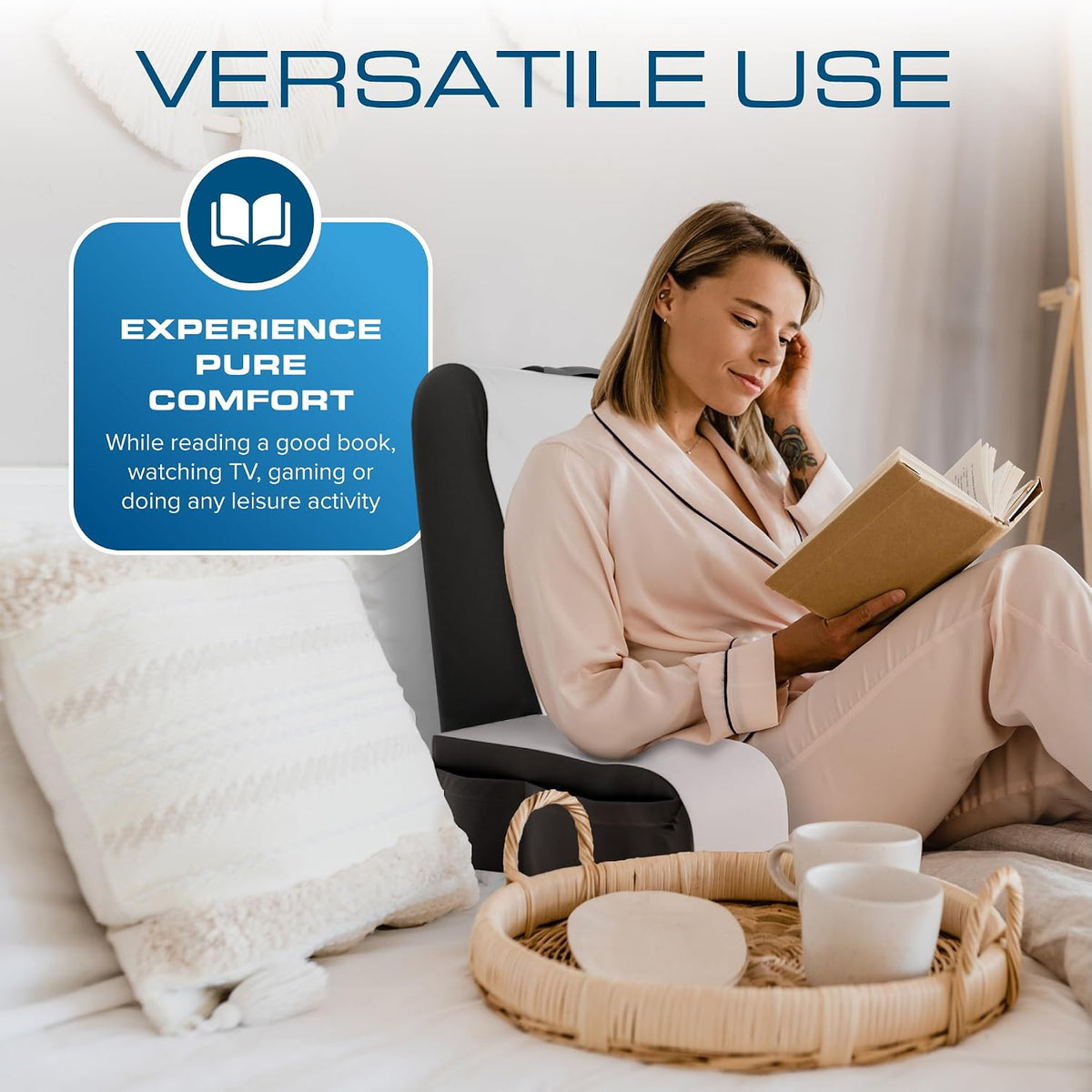Kölbs Reading Pillow, Full Support Comfort Solid Foam, Back Cushion for Bed Sitting Up TV Book Gaming - Back Support Backrest Use on Mattress or Sofa (Grey/White, Tall)