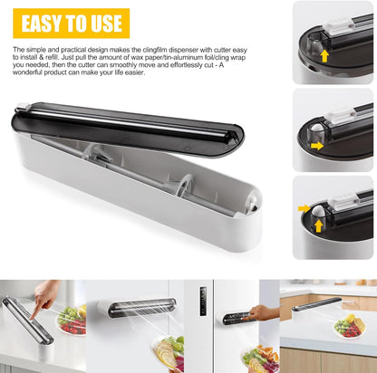 Aluminum Foil & Plastic Wrap Dispenser with Slide Cutter - Magnetic & No-Drill Wall Mount, Cling Film Dispenser for Worktops & Cabinets, Space-Saving Kitchen Organizer - Fits 12" Rolls, White