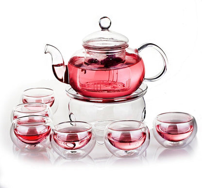 Jusalpha 11 PC-Glass Filtering Tea Maker Teapot with a Warmer and 6 Tea Cups Set (Version 2, 27-Oz) | 6 units of 1.7 oz tea cups, tea set comes with a 27 oz teapot with a removable infuser