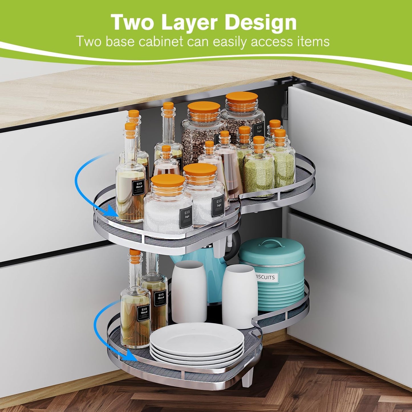 Blind Corner Cabinet Pull Out Organizer, Soft Close Swing Right Pull Out Cabinet Organizer 36inch, Corner Cabinet Lazy Susan for Corner Cabinet Blind Shelf, 2 Tiers Tray, Adjustable Height