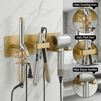 Hair Dryer Holder Hair Tool Organizer Metal Wall Mount (Gold) | Heat Resistant Hair Tool Organizer, Metal Wall Mount Storage, Bathroom Counter Space Saver, Blow Dryer Holder