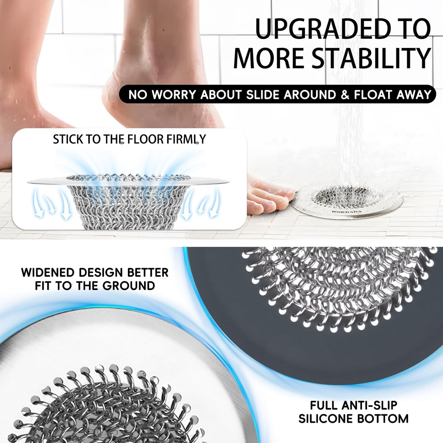 Shower Drain Hair Catcher, Patented Bathtub Drain Cover, Anti-Clog | Reversible Flip Clean, Fast Drainage, Anti-Slip Base, 304 Stainless Steel Chain Mail Mesh, 4.4" for Bathtub & Shower Drains
