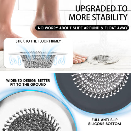 Shower Drain Hair Catcher, Patented Bathtub Drain Cover, Anti-Clog | Reversible Flip Clean, Fast Drainage, Anti-Slip Base, 304 Stainless Steel Chain Mail Mesh, 4.4" for Bathtub & Shower Drains