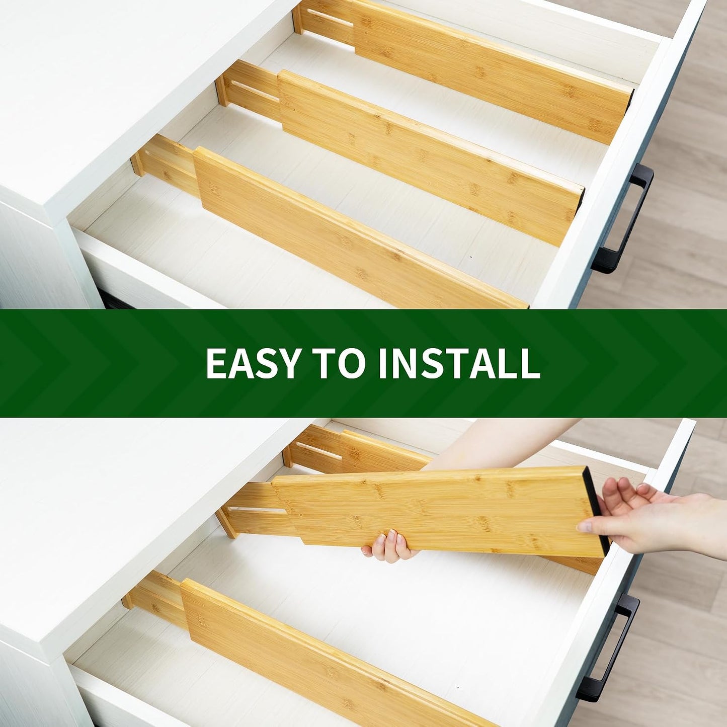 VaeFae 6-Pack Adjustable Bamboo Drawer Dividers, Expandable Drawer Organizer for Kitchen Utensils, Clothes, Bathroom, Office – Fits Drawer Interiors 16.6" to 21.8"