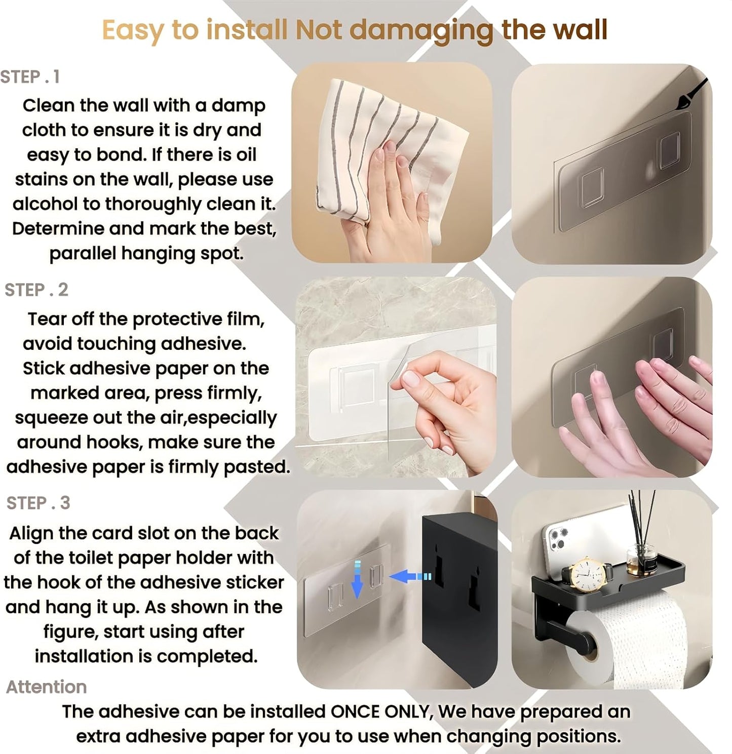 Adhesive Toilet Paper Holder and 2 Metal Hooks Combo - Rustproof Aluminum with Extra Adhesive Pads for Easy Replacement of Positions,Matte Black Toilet Paper Holder with Shelf(Wall Mount)