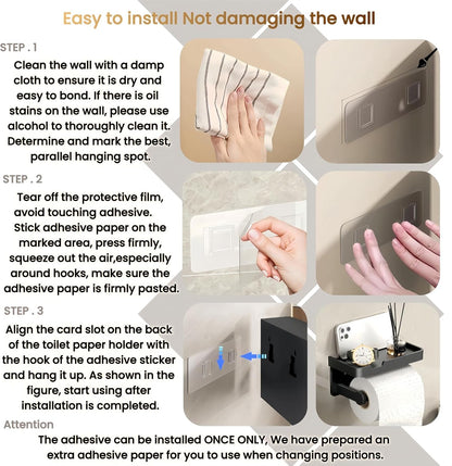 Adhesive Toilet Paper Holder and 2 Metal Hooks Combo - Rustproof Aluminum with Extra Adhesive Pads for Easy Replacement of Positions,Matte Black Toilet Paper Holder with Shelf(Wall Mount)