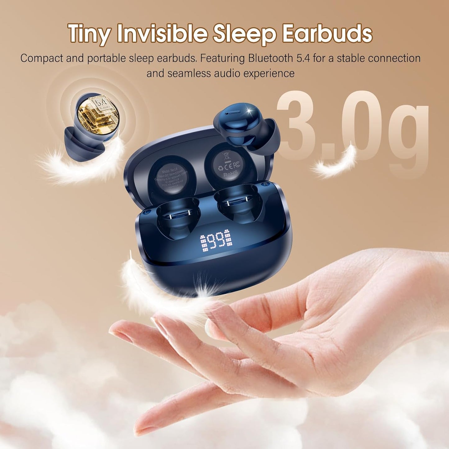Sleep Earbuds Bluetooth 5.4, Mini Light-Weight Headphones for Side Sleepers | Features Sleep Mode & Built-in White Noise for Relaxing. 48H Battery & Clear Calls. Perfect Mini Earphones for Sound Sleep