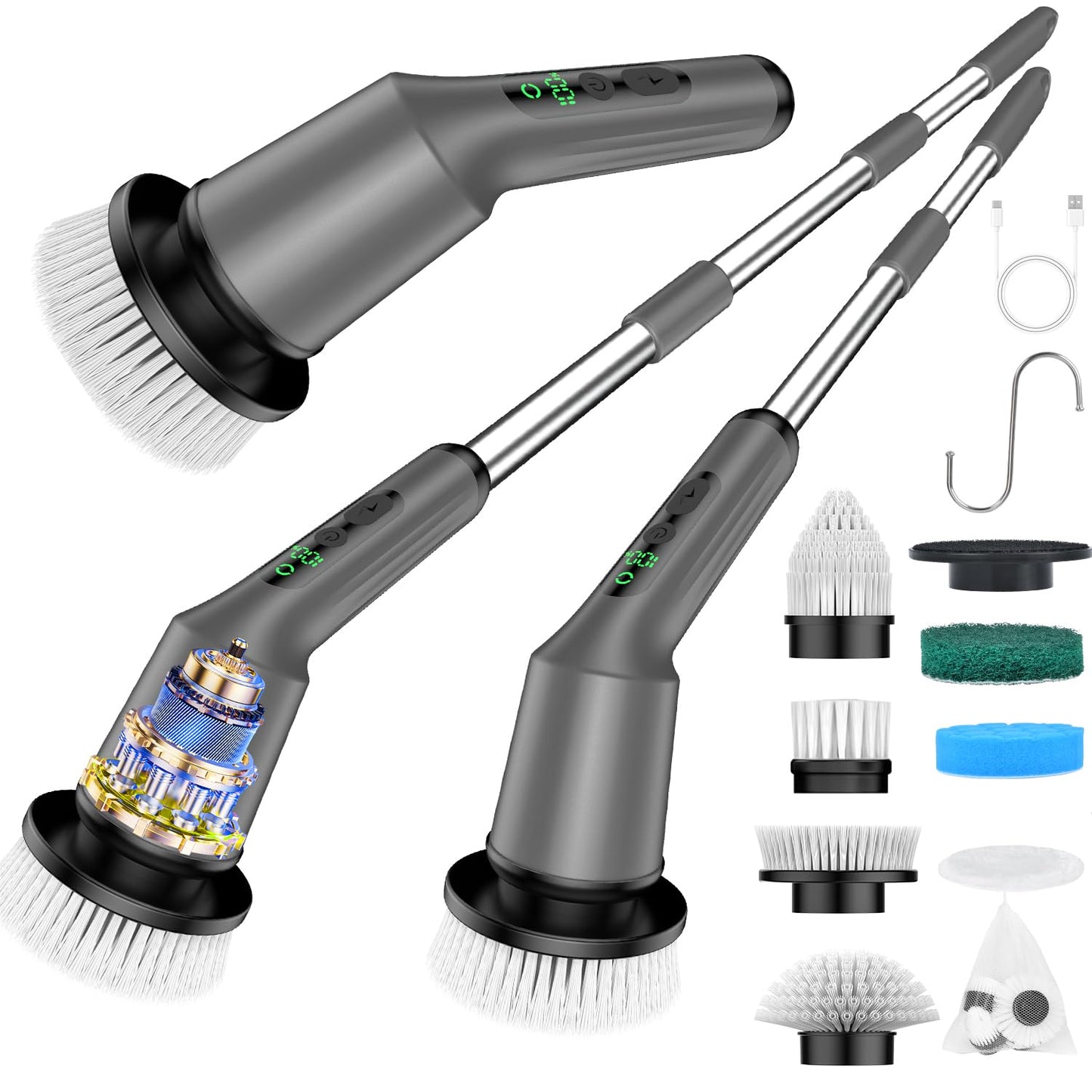 Electric Spin Scrubber for Bathroom, Shower Scrubber with Long Handle | Shower Cleaner Brushes, IPX7 Waterproof & 2 Speed, 3 Brush Heads, 90min Runtime, Bathroom Cleaning Supplies for Toilet Tub