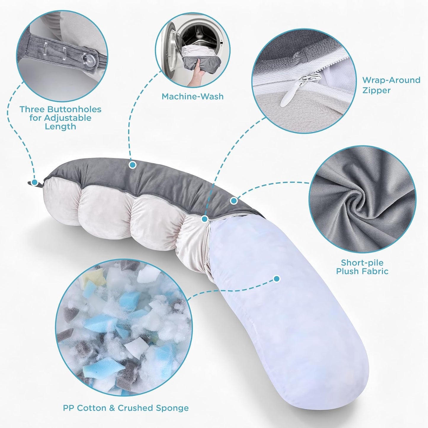 Ergonomic Reading Pillow with Arm & Back Support, U-Shaped | Long Round Lap Pillow, For Side Sleep, Crochet, Game, Work, Siting In Bed & Sofa, Short-pile Fabric, Memory Foam, Dark Grey