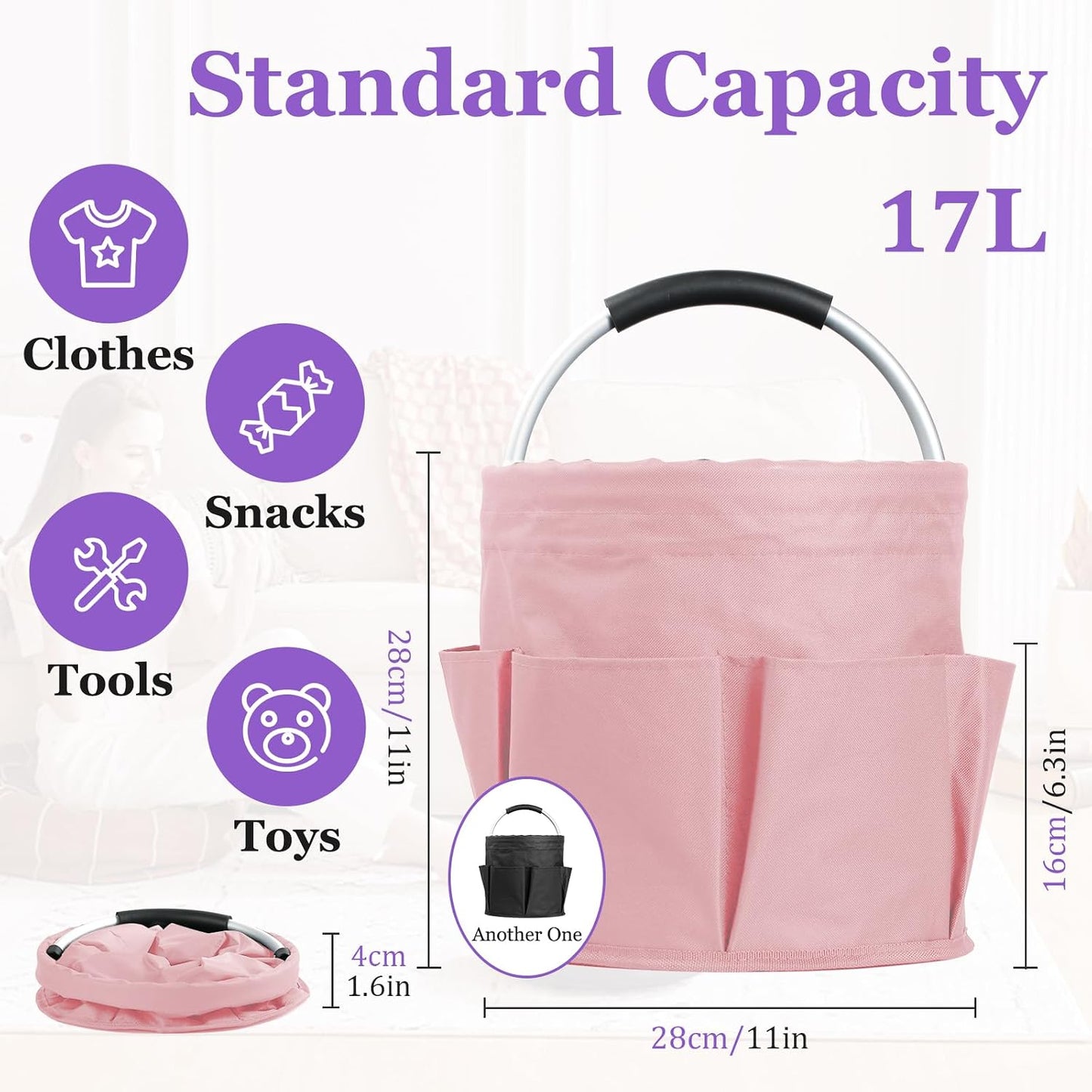 17L Cleaning Caddy with Handle and 6 Pockets, Foldable Cleaning Supply Caddy, Portable Shower Caddy in 600D Oxford Fabric, Multifunctional Storage Basket for Camping, Gardening, Black