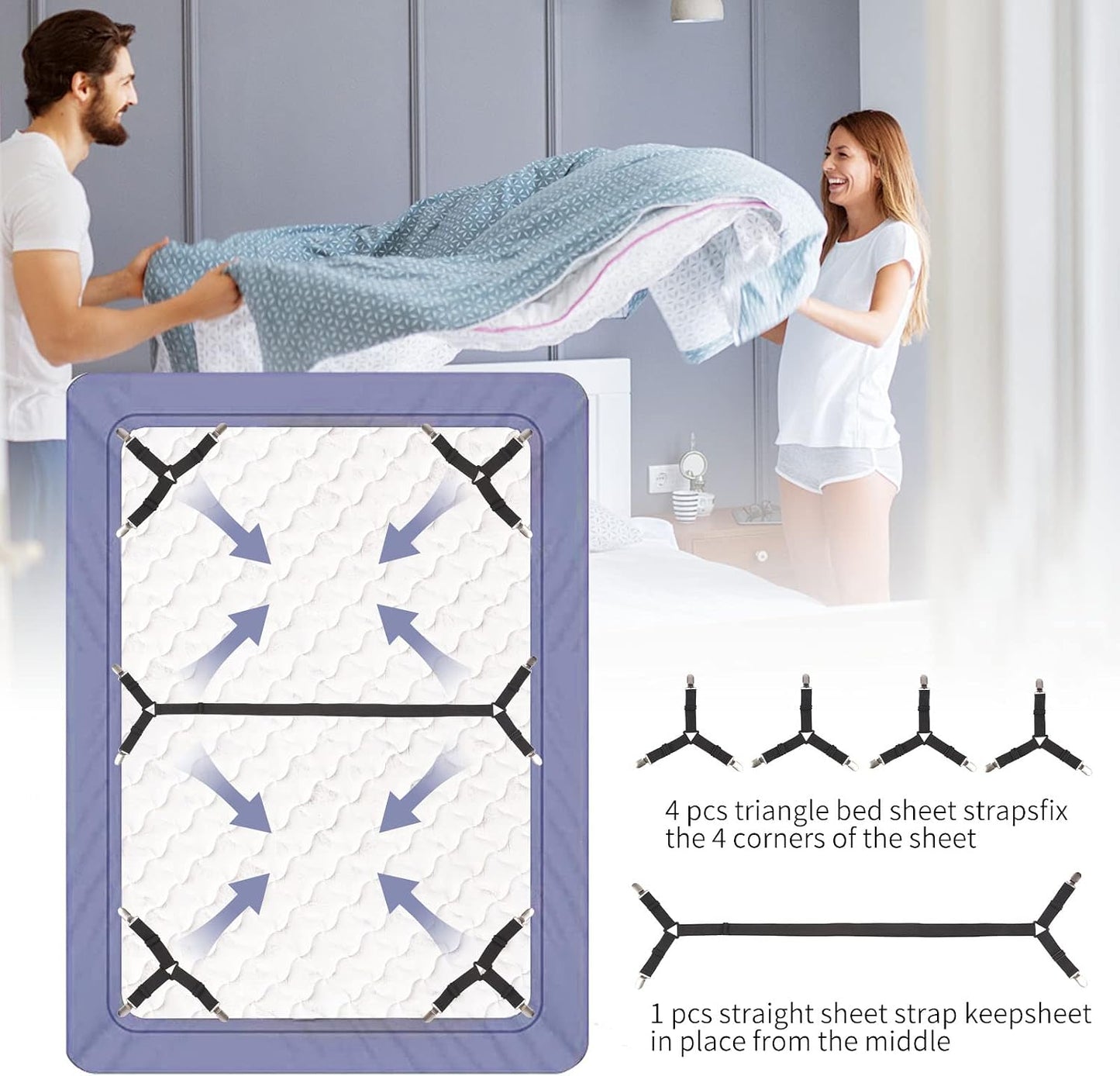 Luyena Bed Sheet Straps,4+1 Pcs Fitted Sheet Clips Holder,Upgraded Triangular Sheet Clip for Corner, Elastic Adjustable Sheet Strap for Mattress Cover, Sheet, Sofa Cushion 1(Black)