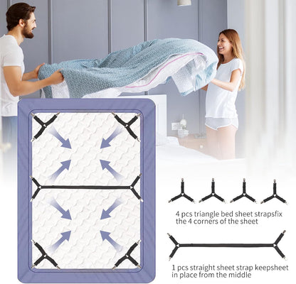 Luyena Bed Sheet Straps,4+1 Pcs Fitted Sheet Clips Holder,Upgraded Triangular Sheet Clip for Corner, Elastic Adjustable Sheet Strap for Mattress Cover, Sheet, Sofa Cushion 1(Black)