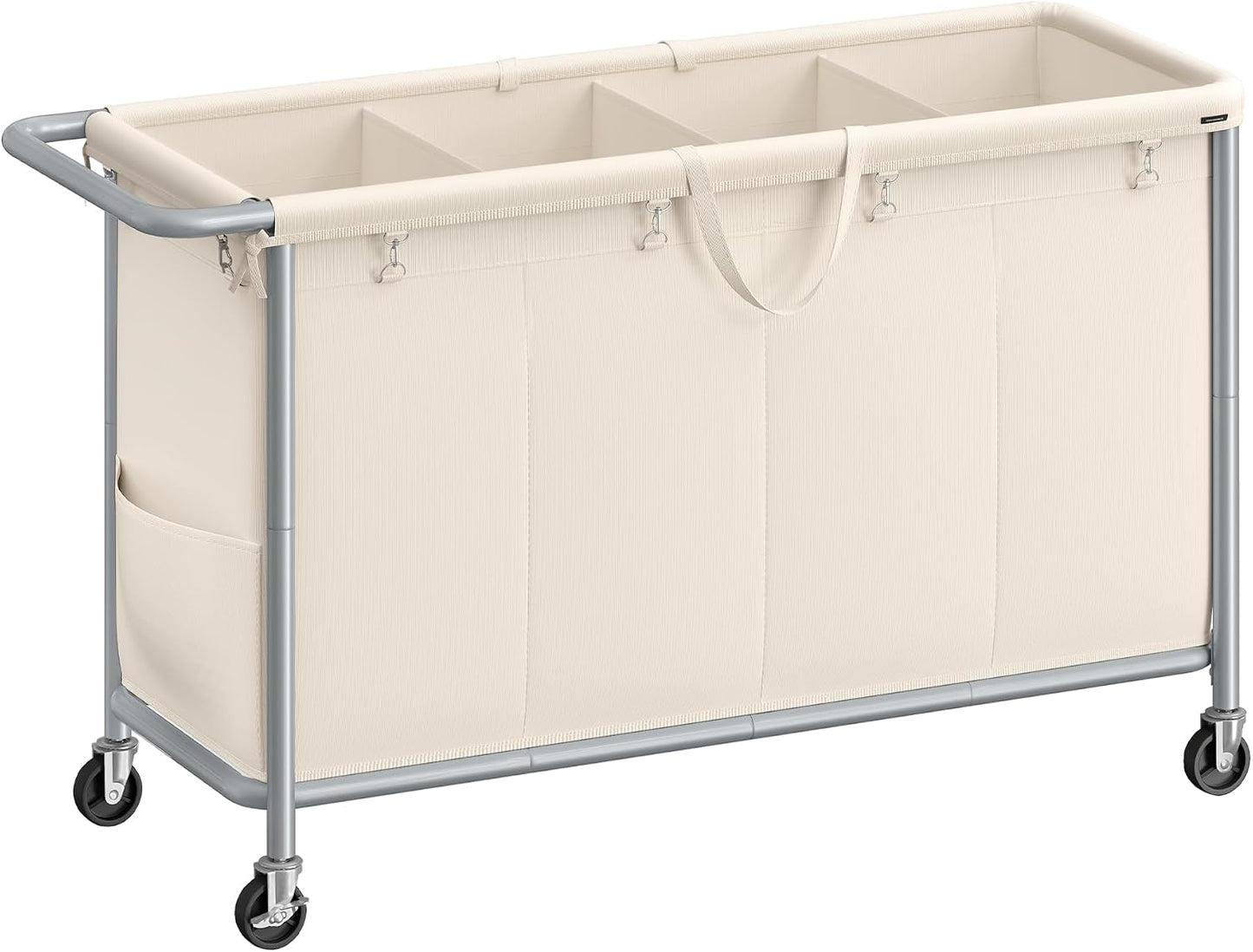 SONGMICS Laundry Basket with Wheels, 4-Section Rolling Laundry Hamper, 68.6 Gallons (260 L), Removable Liner, Steel Frame with Handle, 43.3 x 15.4 x 31.9 Inches, Cream White URLS014W01