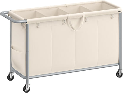 SONGMICS Laundry Basket with Wheels, 4-Section Rolling Laundry Hamper, 68.6 Gallons (260 L), Removable Liner, Steel Frame with Handle, 43.3 x 15.4 x 31.9 Inches, Cream White URLS014W01