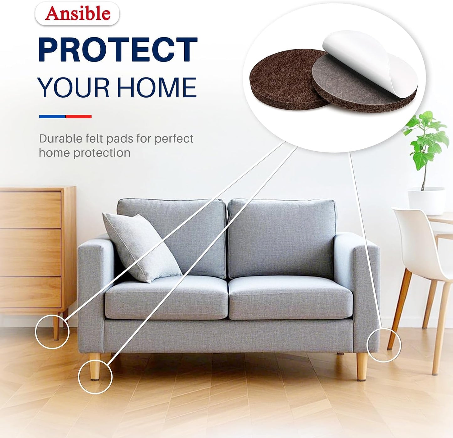 Ansible Felt Furniture Pads Chair Leg Floor Protectors 1" 60PCS | Felt Pads for Hardwood Floors,Self-Adhesive, Reduce Noise and Anti-Scratches,Easy to Install,Beige,Round