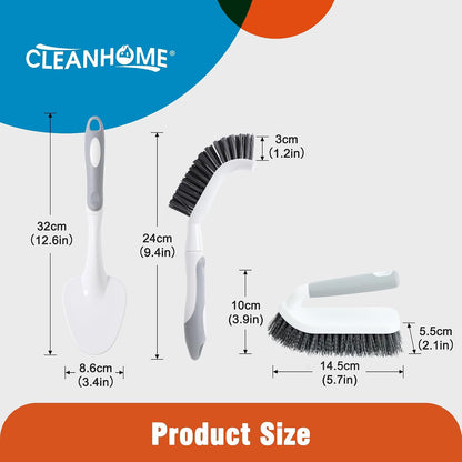 CLEANHOME 3 Pcs Scrub Brush,Multifunctional Cleaning Brush Set | With Non-Slip Handle and Sturdy Bristles,Scrub Brushes for Cleaning Bathroom,Kitchen,Grout,Tile,Grey