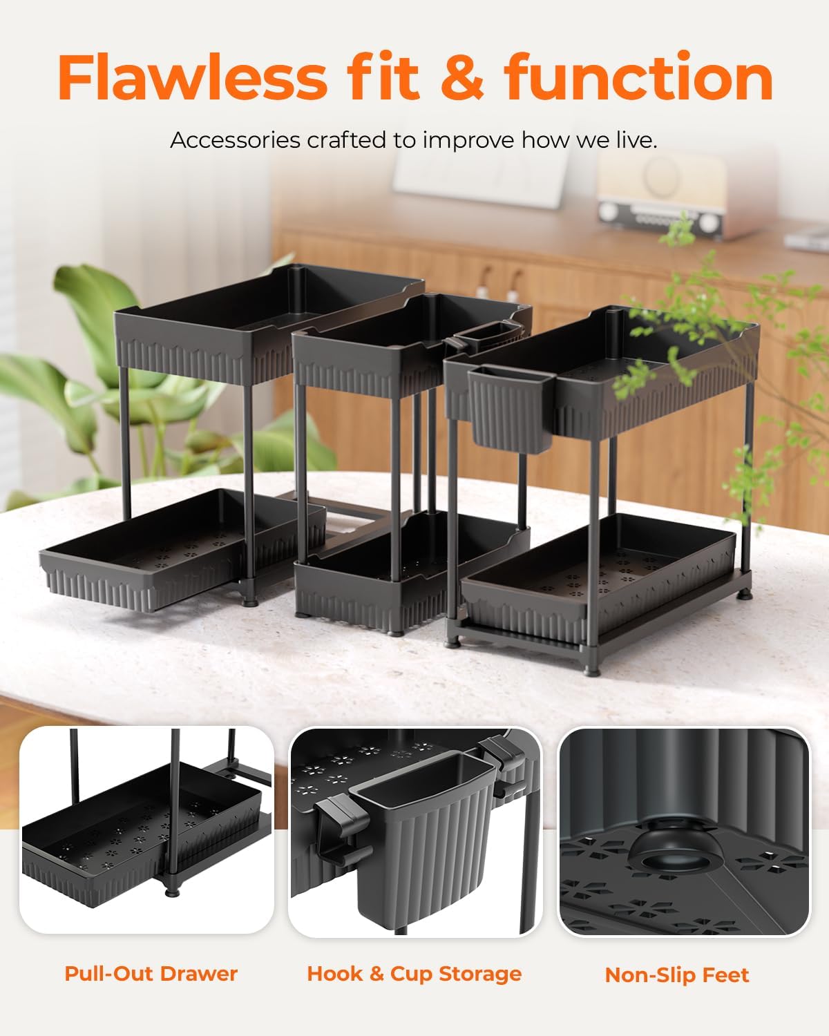 3-Pack 2-Tier Under Sink Organizers with Sliding Drawers | Multi-use kitchen & bathroom storage, 12.8 inch black cabinet organizer, space-saving sliding drawer design.