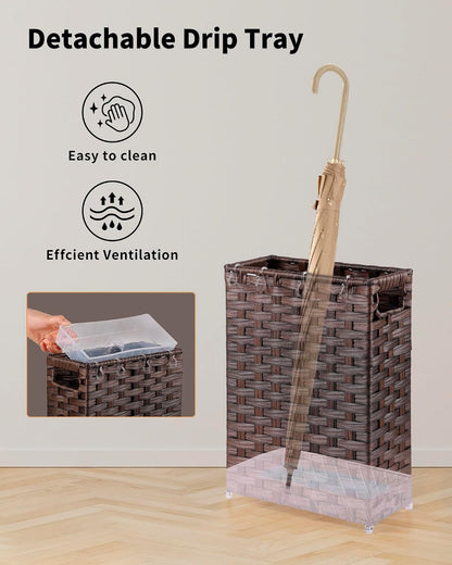 Rattan Umbrella Stand, Umbrella Holder for Entryway, Hand Woven Umbrella Rack Organizer Freestanding, with a Detachable Drip Tray, 4 Hooks, 11.8" L x 5.5" W x 16.5" H, Natural