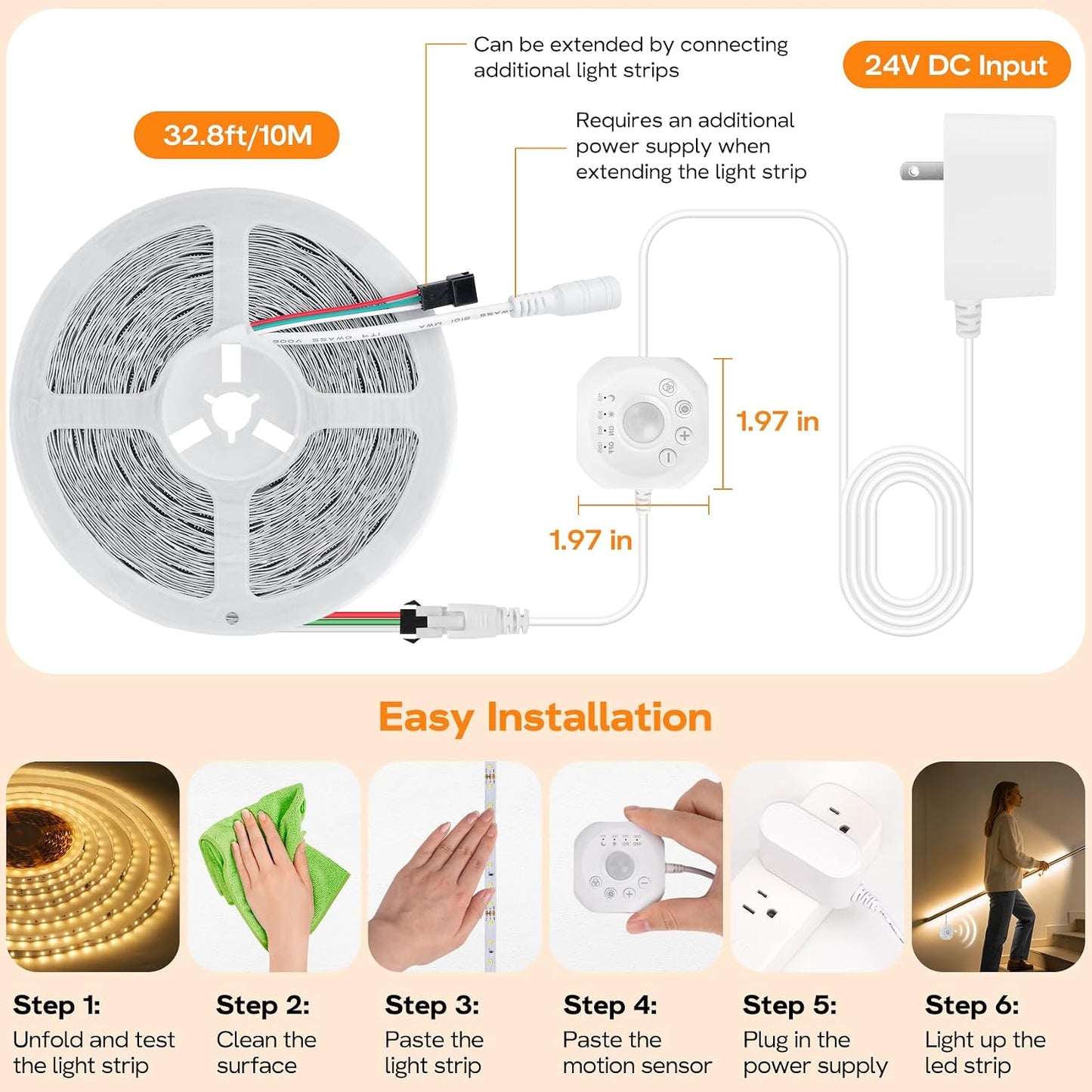 Motion Sensor LED Strip Lights 32.8ft 6500K White with Running Water Effect | Cool white running water flowing motion activated led stair lights, dimmable & auto-off timer,24v for kitchen,corridor,indoor